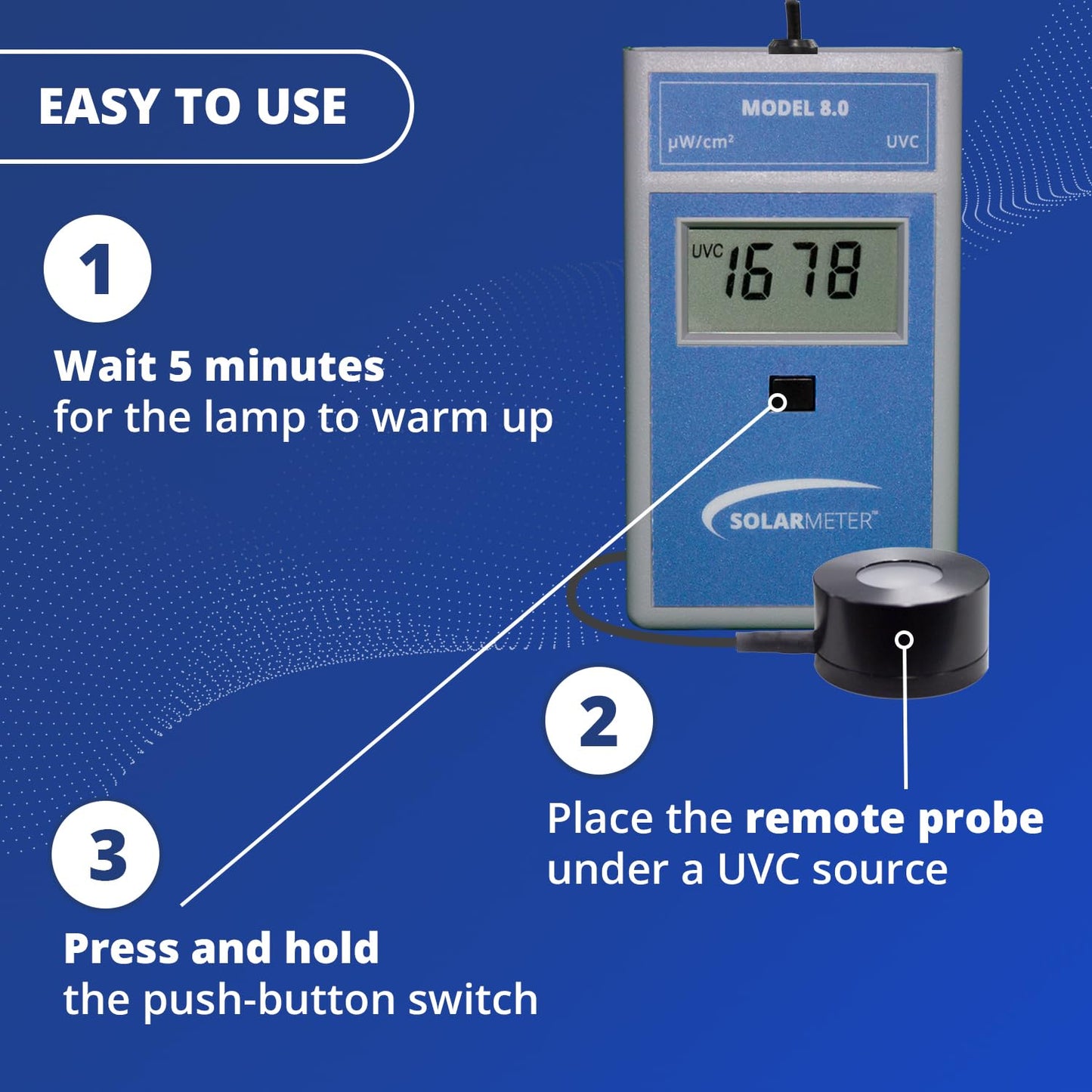 Solarmeter 8.0-RP – Handheld UVC Lamp Meter with Remote Probe, Digital UV Light Radiometer & Bulb Tester, 0–1999 µW/cm² UVC, Made in USA