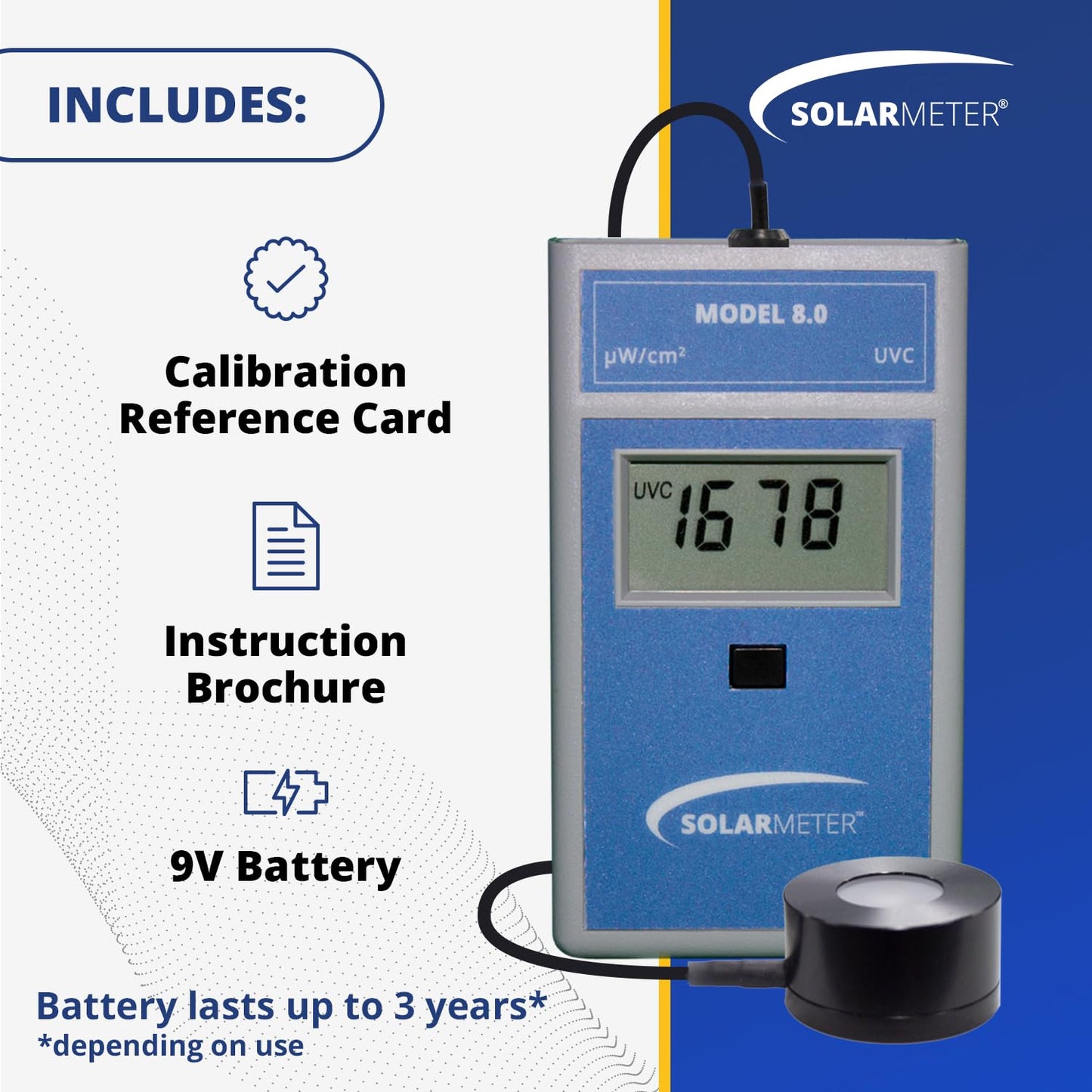 Solarmeter 8.0-RP – Handheld UVC Lamp Meter with Remote Probe, Digital UV Light Radiometer & Bulb Tester, 0–1999 µW/cm² UVC, Made in USA
