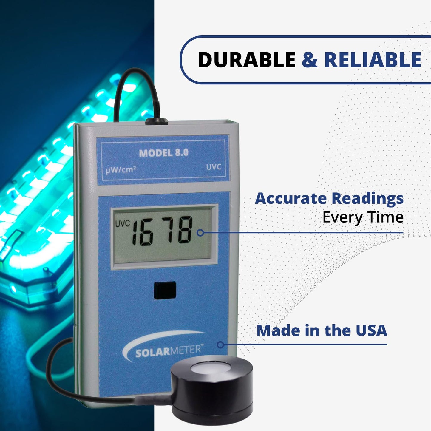 Solarmeter 8.0-RP – Handheld UVC Lamp Meter with Remote Probe, Digital UV Light Radiometer & Bulb Tester, 0–1999 µW/cm² UVC, Made in USA